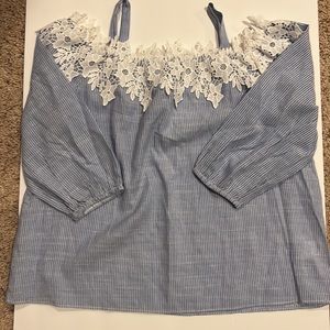 Soprano Blue White Striped Off the Shoulder Top Blouse Lace Trim Boho M